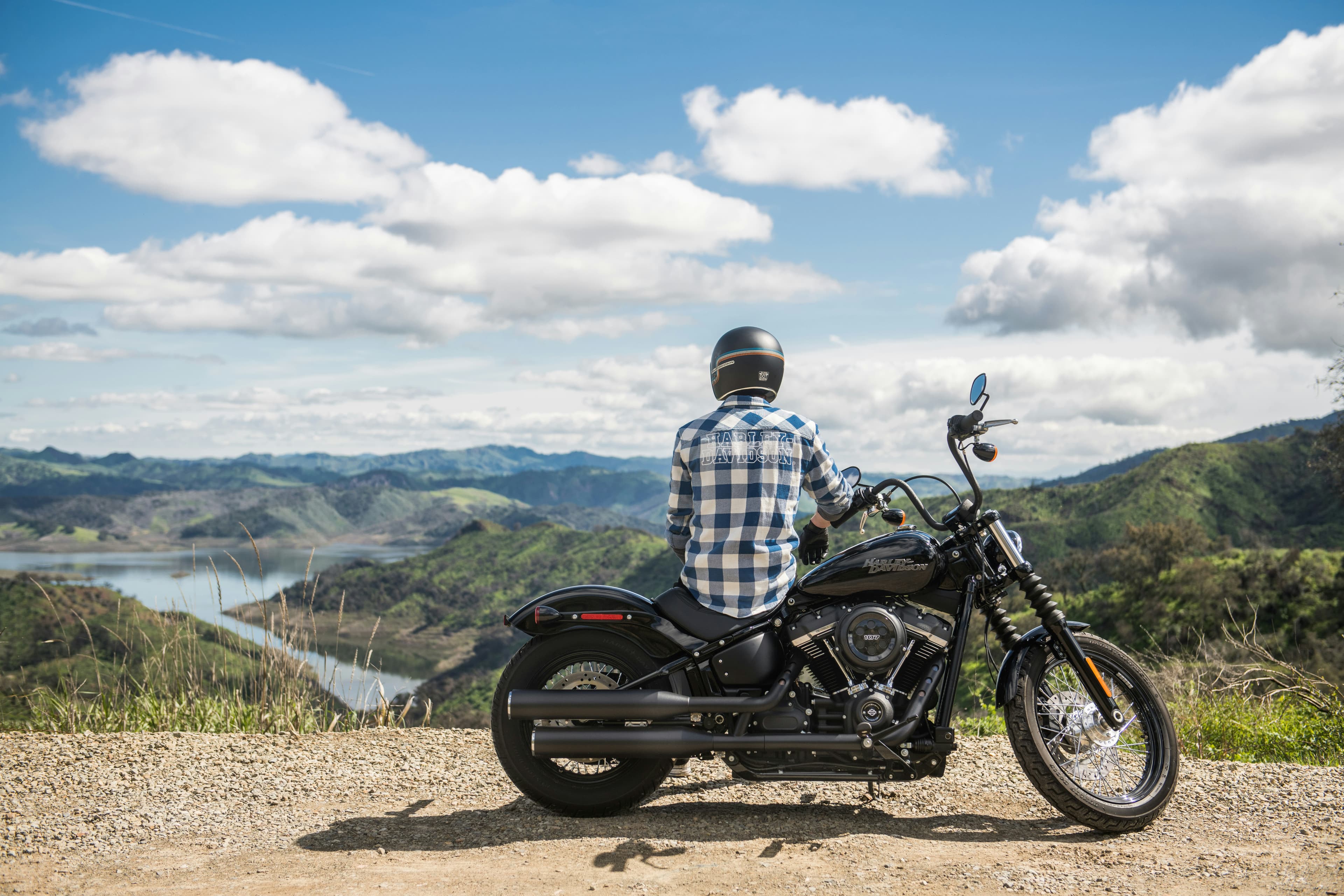 A rider at a viewpoint overlooking a lake and green hills